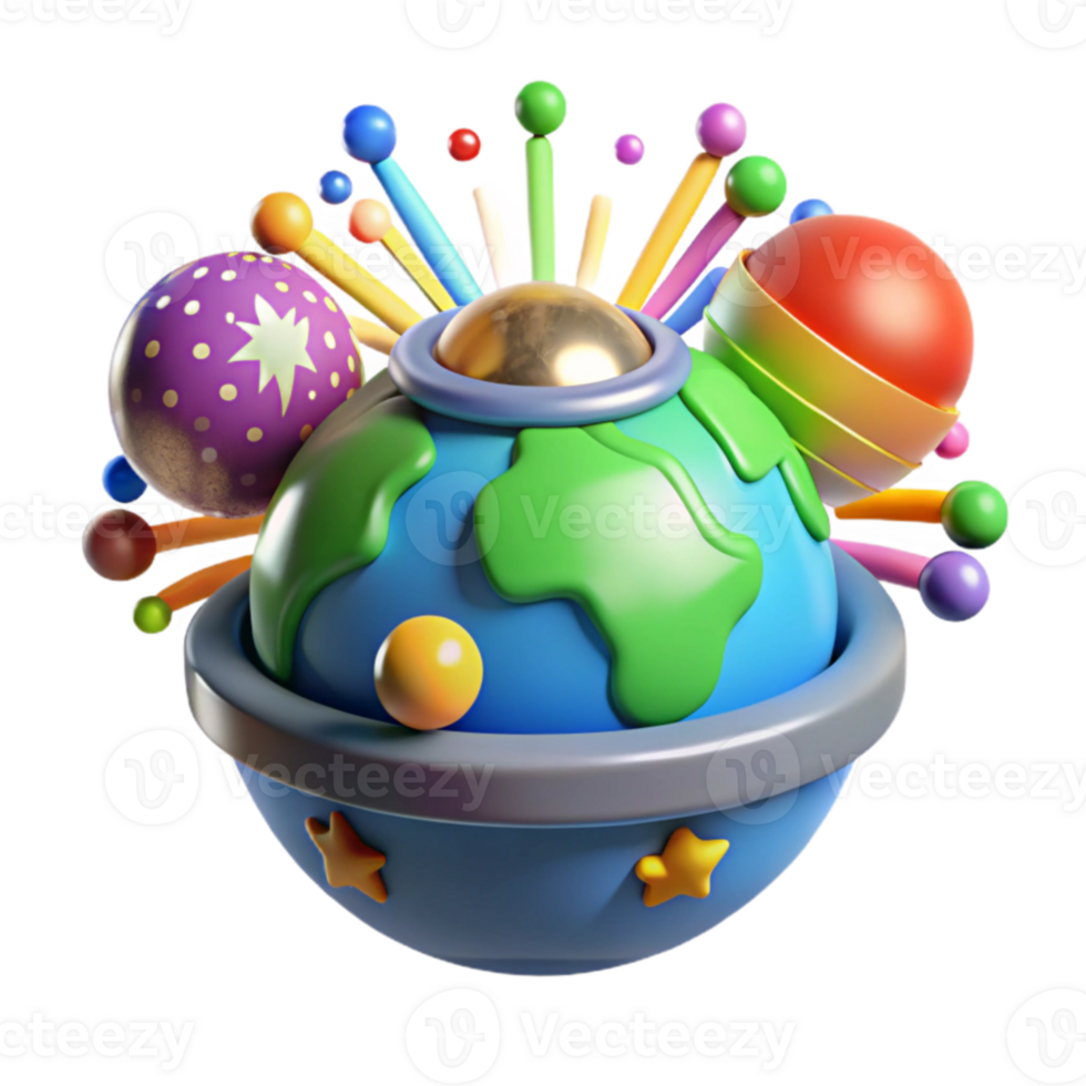 Colorful 3D Planet with Orbiting Objects png