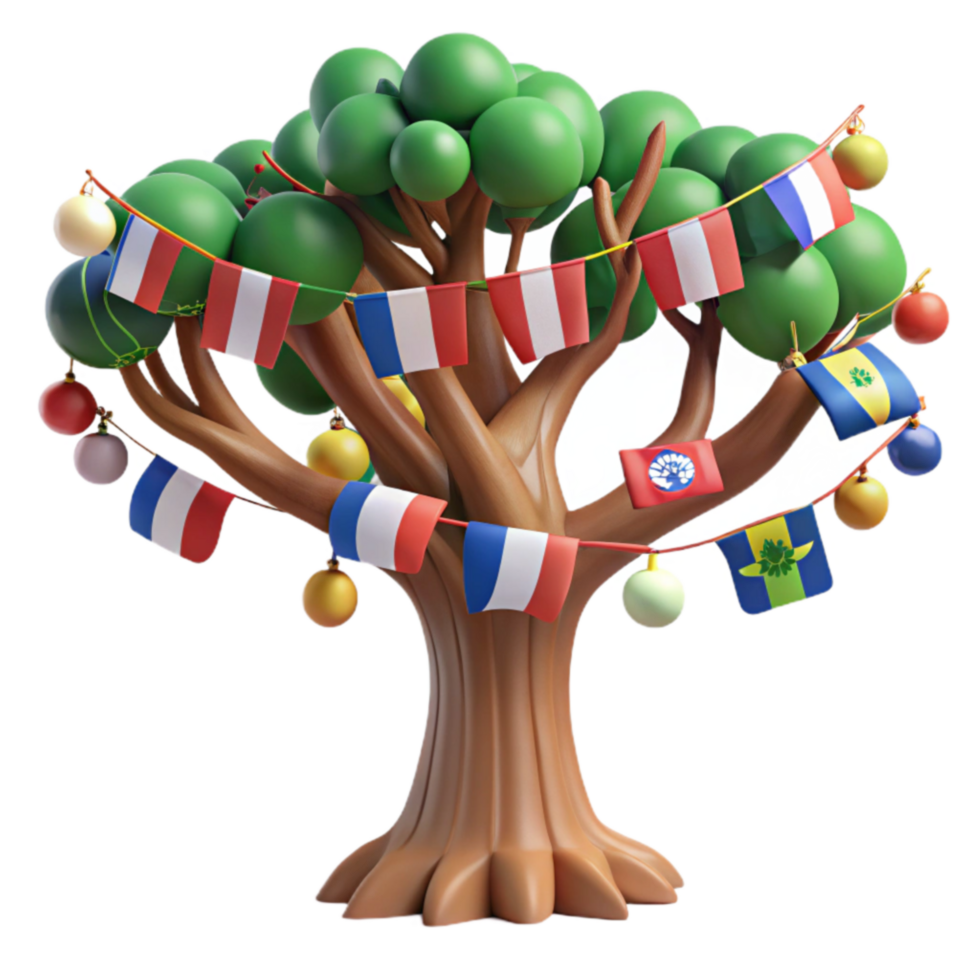 Global Unity A Festive Tree of International Flags and Ornaments png