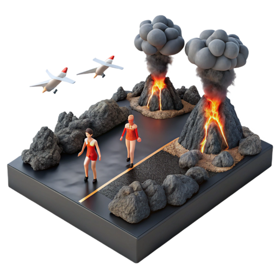 Volcanic Eruption Scene with Miniature Figures and Aircraft png