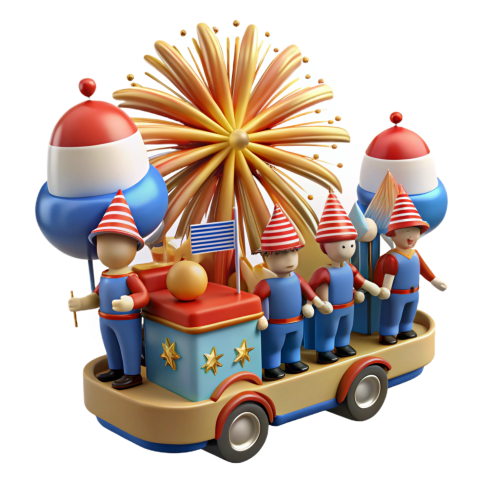 Festive Parade Float with Fireworks and Cartoon Figures png