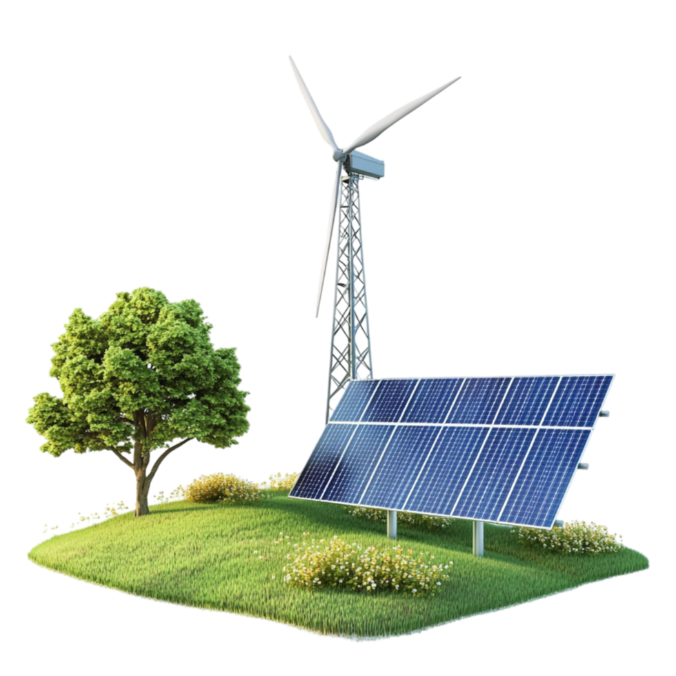 solar panels and wind turbine on a grassy hill with trees png