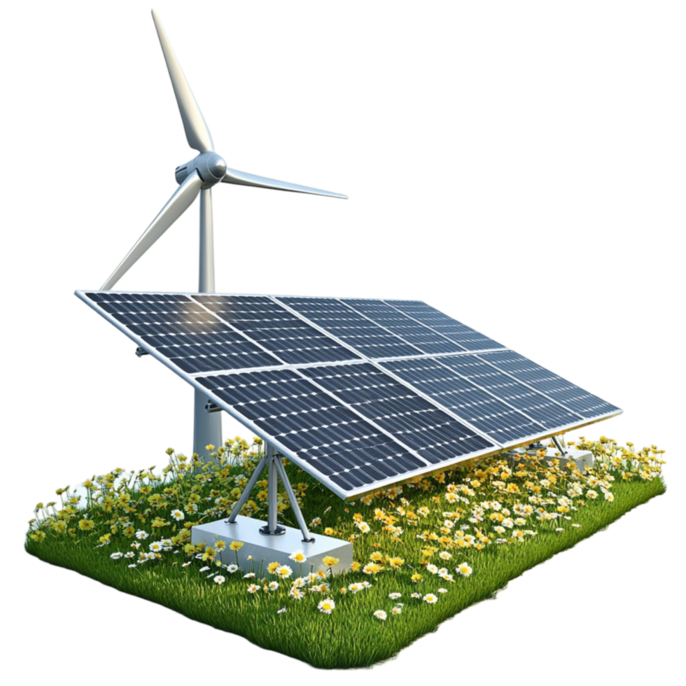 Eco-Friendly Power Solar Panels and Wind Turbine on Transparent Background png
