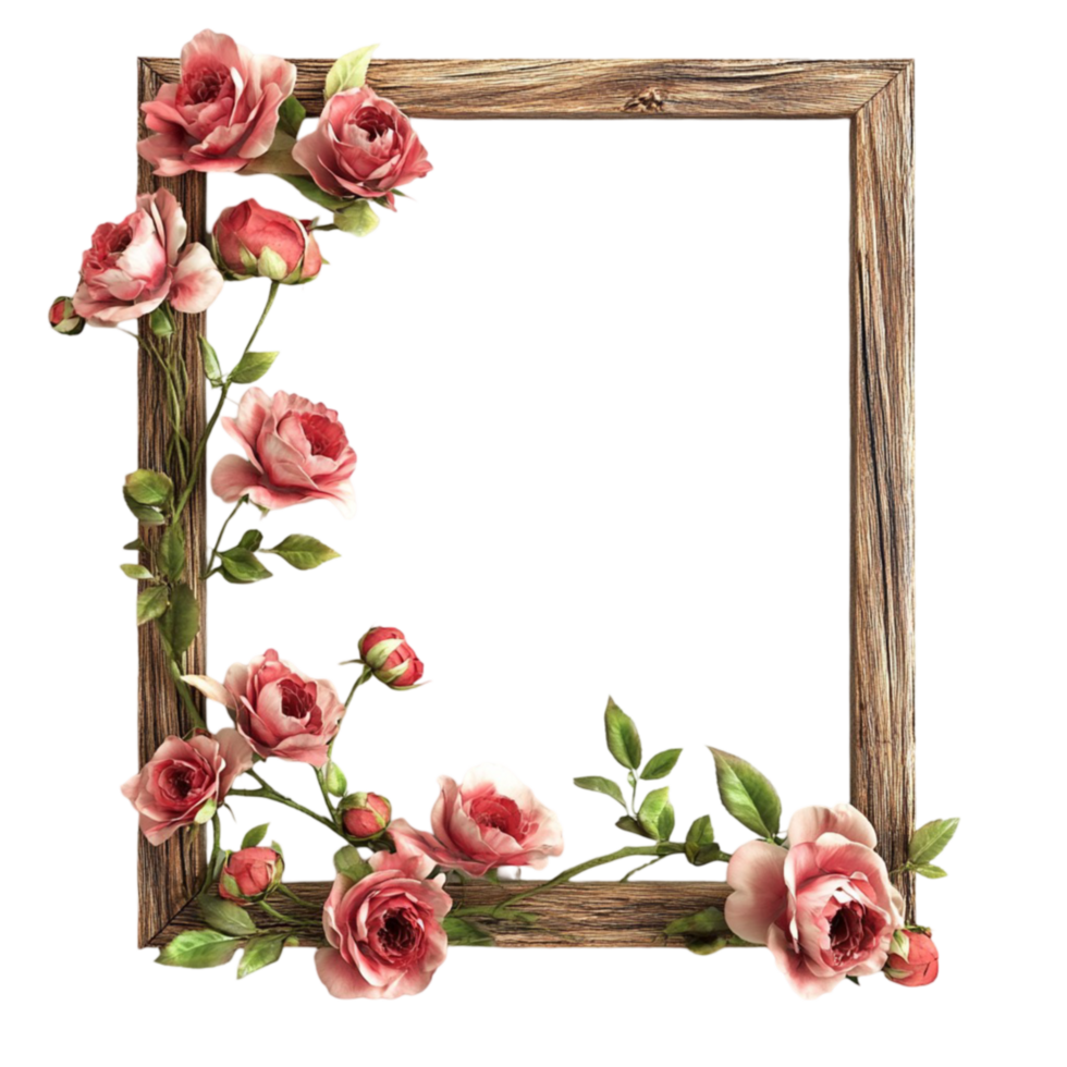 Rustic Wooden Frame with Blooming Flowers on Transparent Background png
