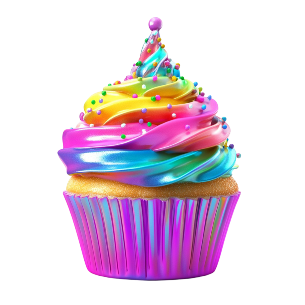 A cupcake with rainbow icing on top png