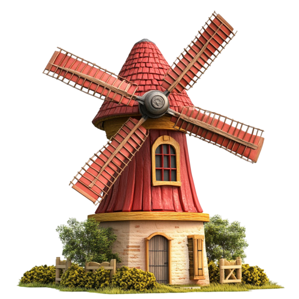 A Serene Windmill on a Hill with Trees and a House - On Transparent Background png