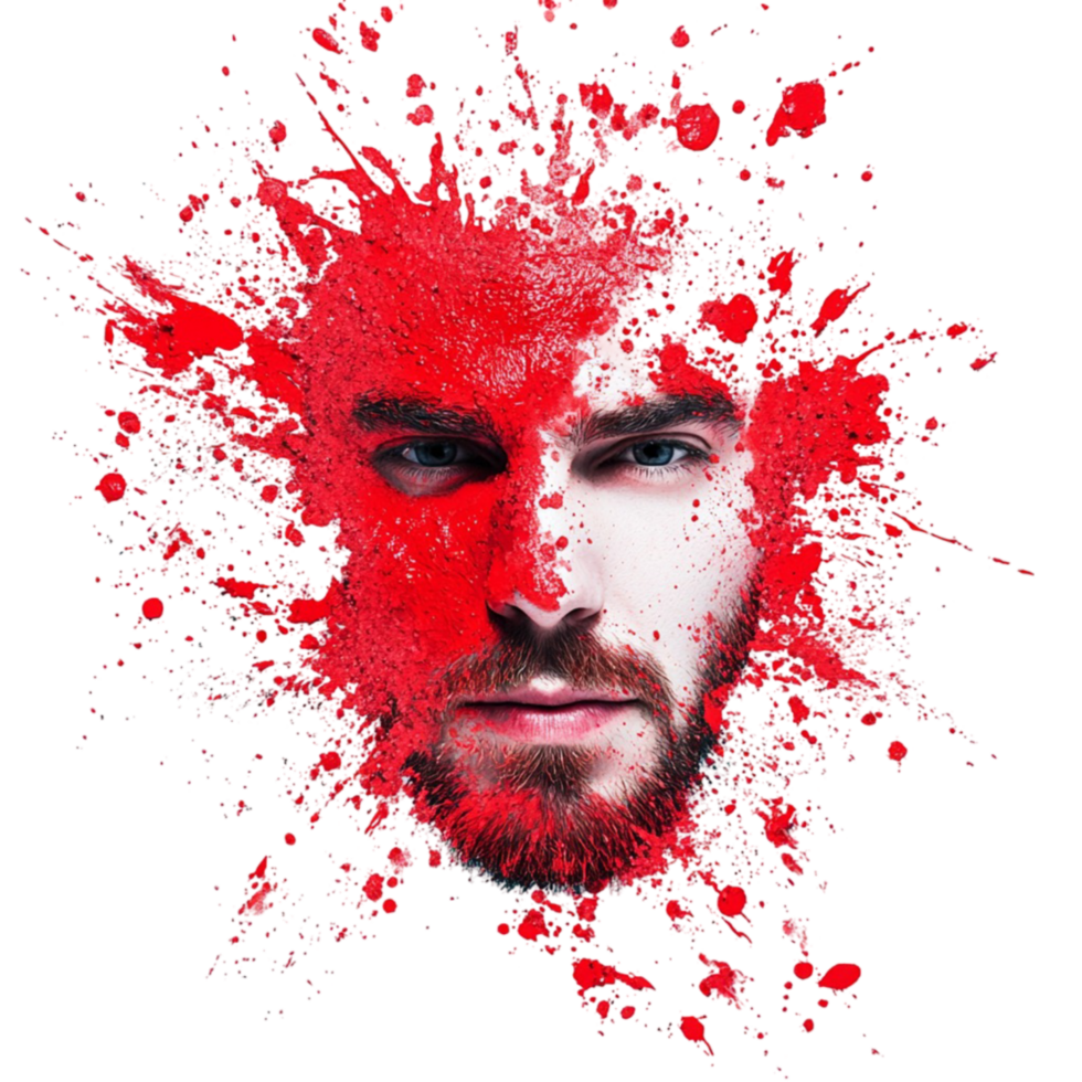 A man with red paint splashed on his face png