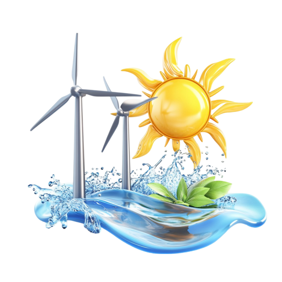 Eco-Friendly Landscape with Wind Turbine and Sunflower on Transparent Background png
