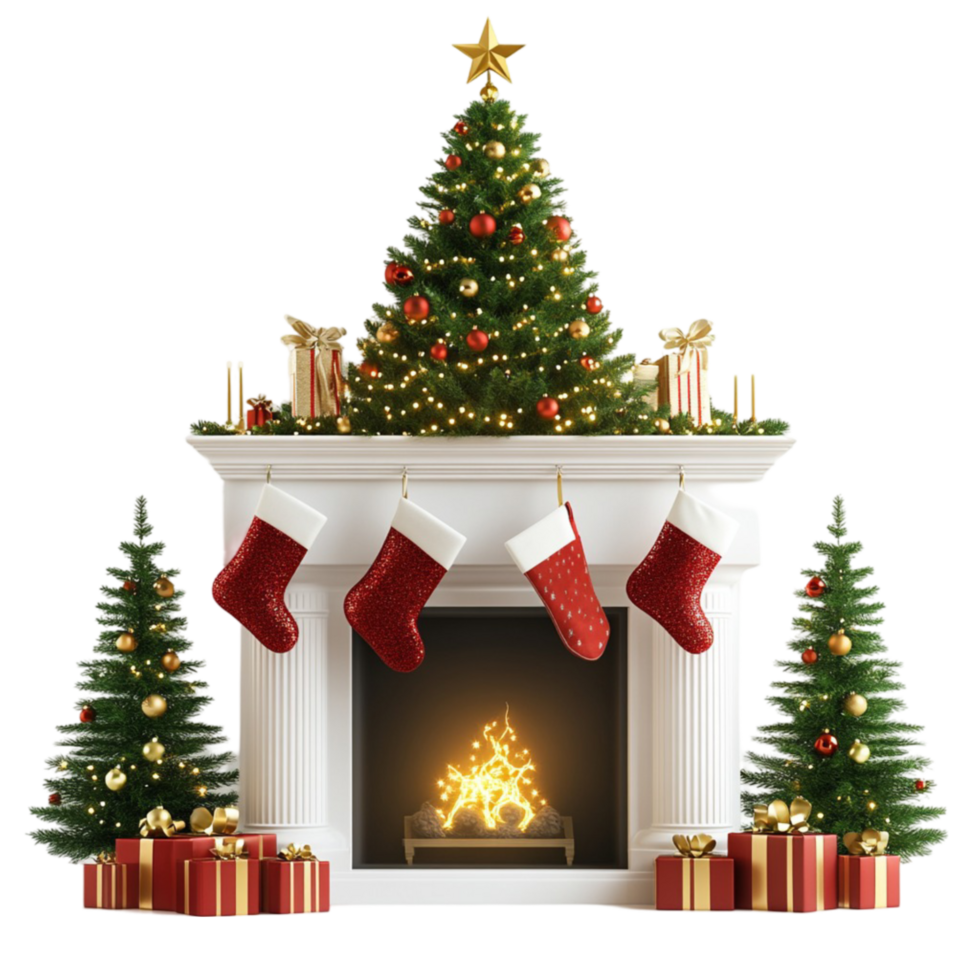 Christmas fireplace with stockings and presents on transparent background png