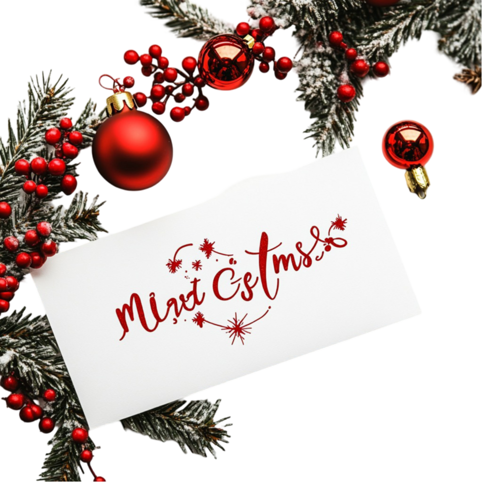 merry christmas card with red baubles and fir branches png
