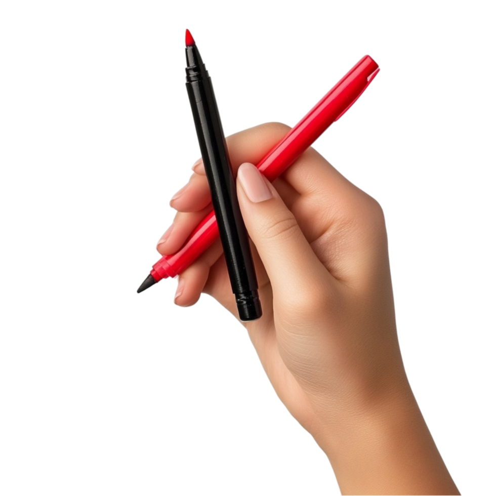 A person holding a red pen and a black pen png