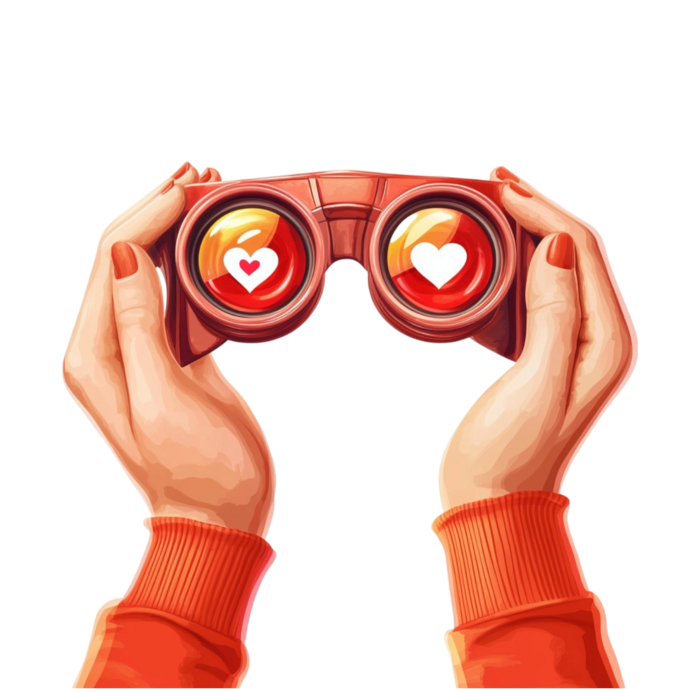 Two hands holding binoculars with hearts and hearts on Transparent Background png