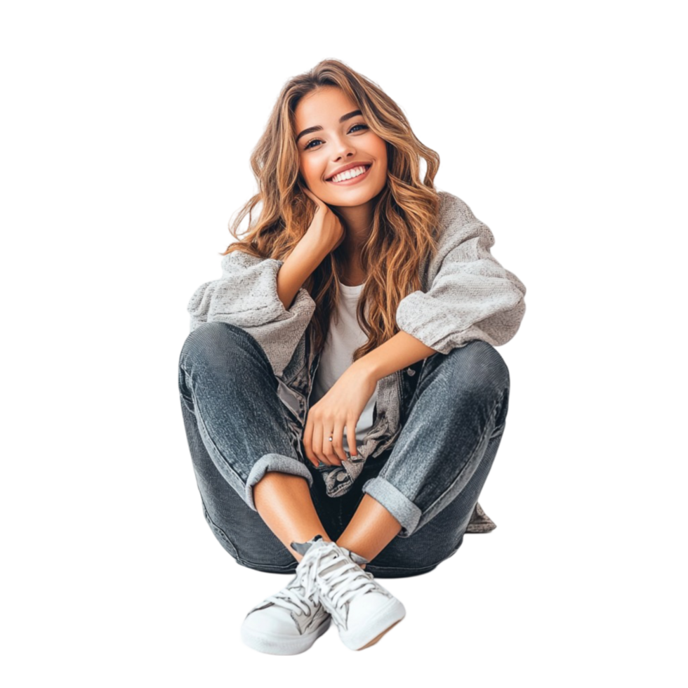 Elegant woman in a yellow sweater sitting cross-legged on transparent background. png