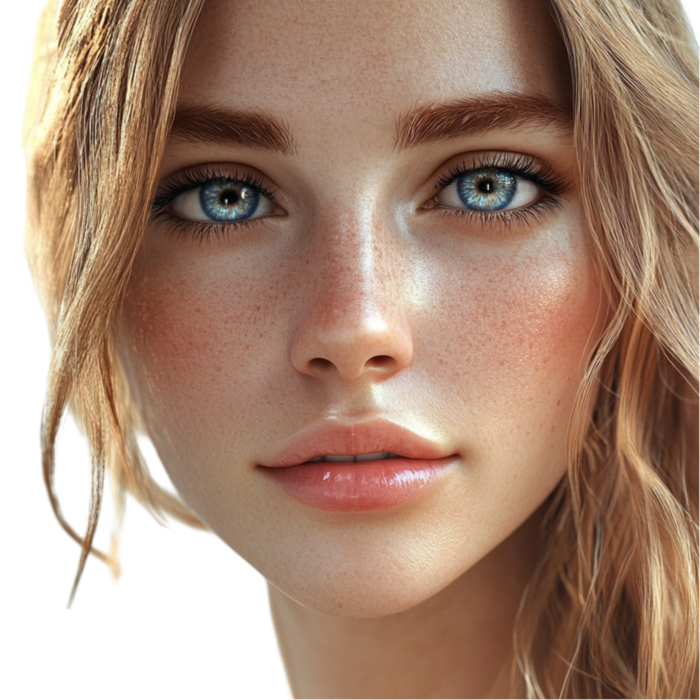 A Woman with Freckles and Blue Eyes on Transparent Background png