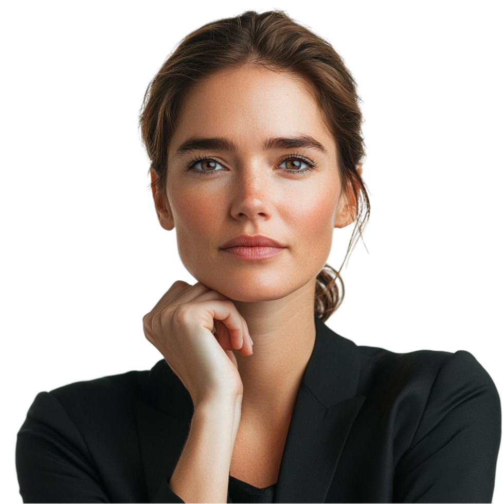 A woman in a black suit and black shirt on Transparent Background png
