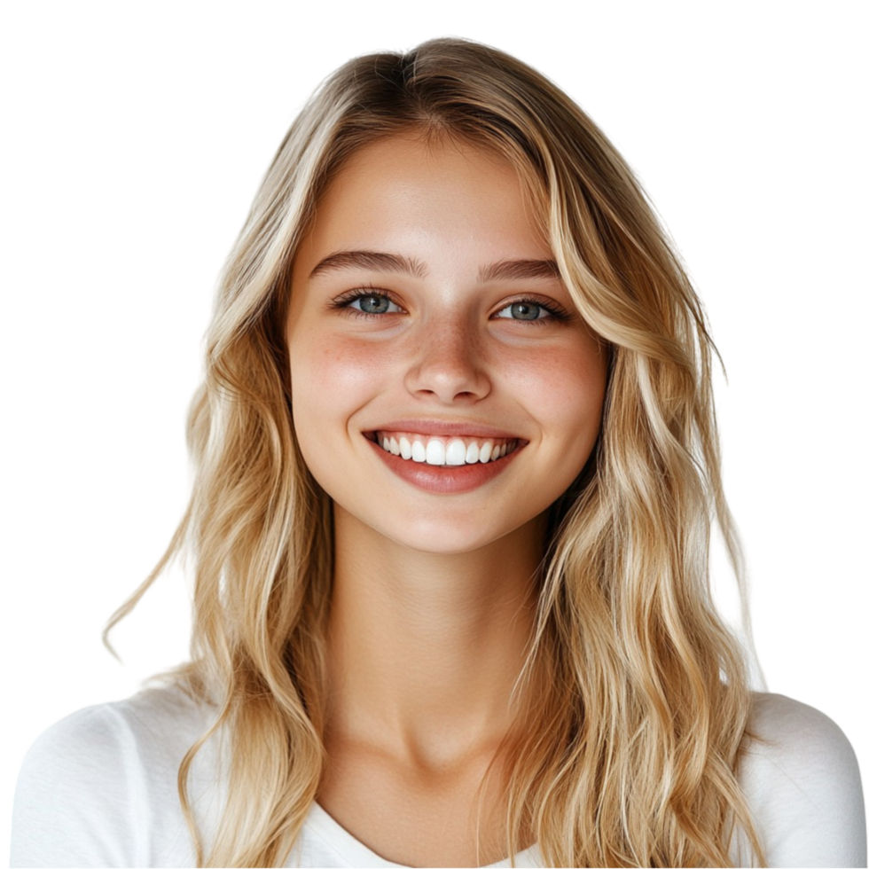 Portrait of a beautiful blonde woman smiling on transparent background png