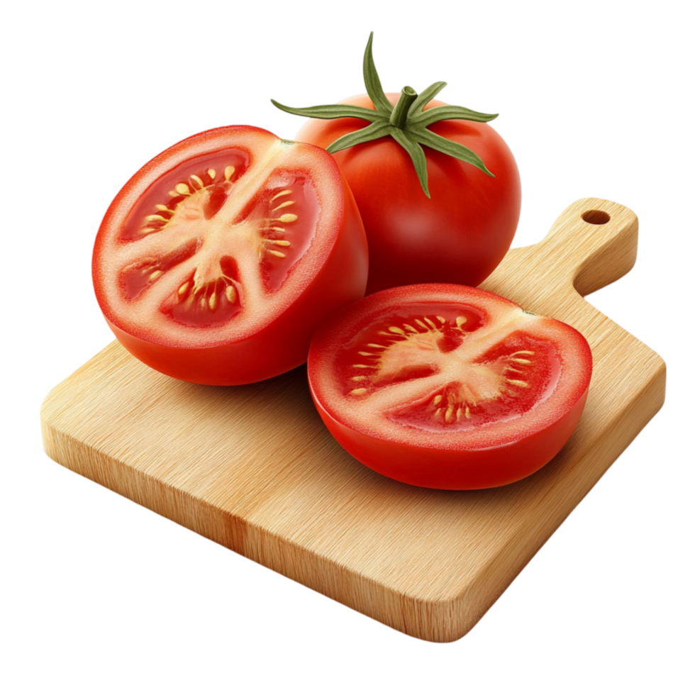 Fresh Tomatoes on a Wooden Cutting Board on Transparent Background png
