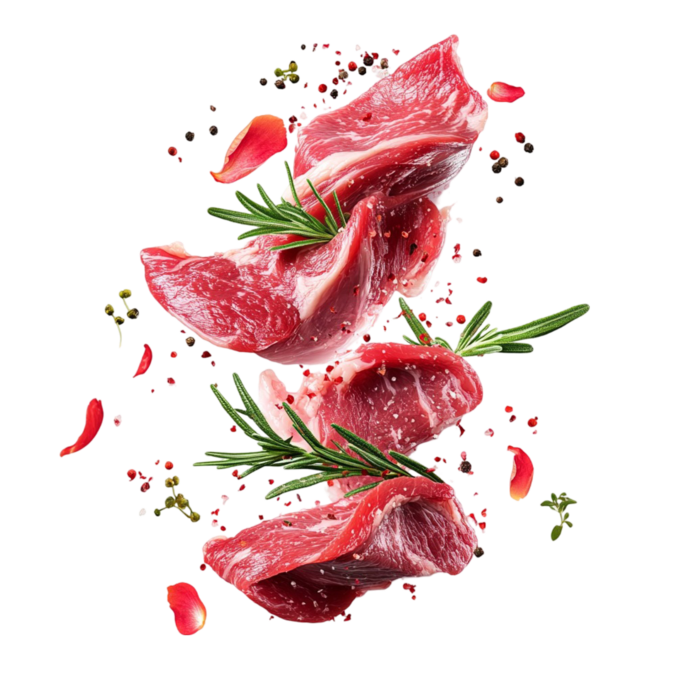 Raw meat with herbs and spices on a black background png
