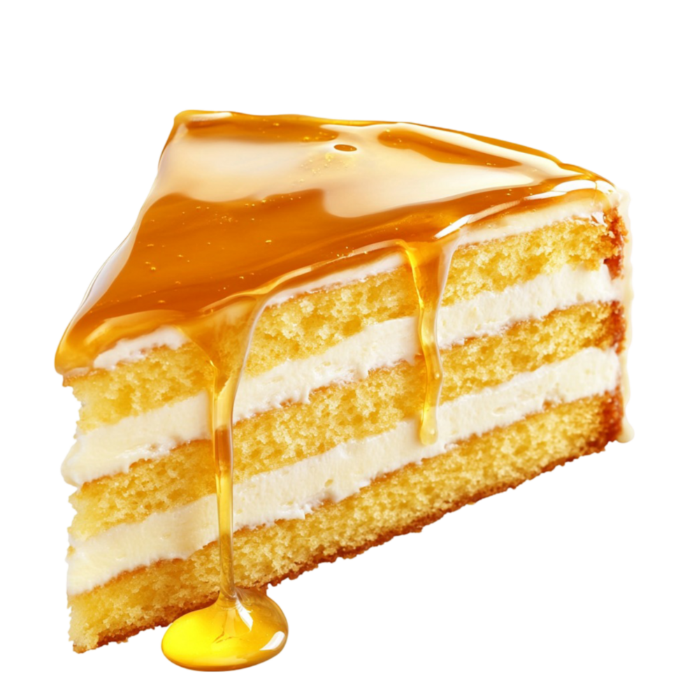 A piece of cake with caramel sauce drizzled on top png
