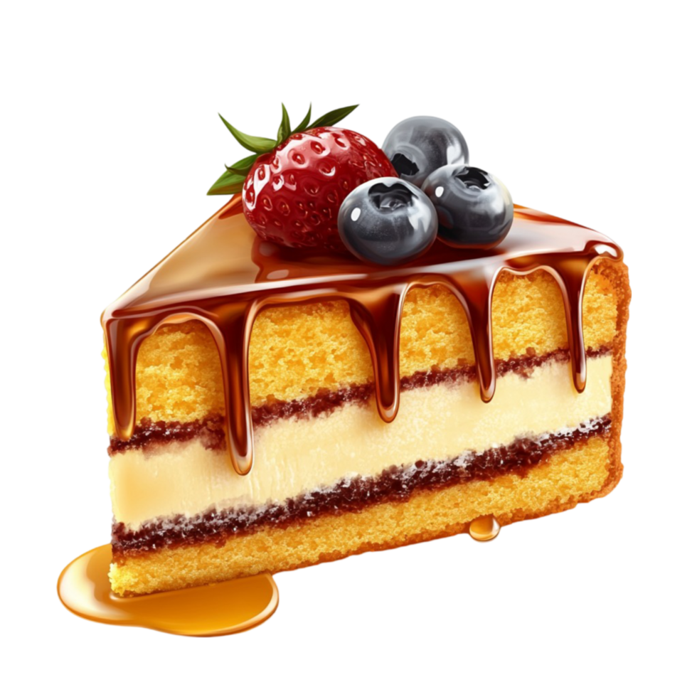 A slice of cake with berries and syrup png