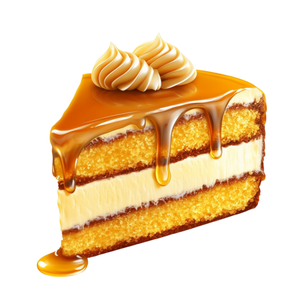 A slice of cake with caramel sauce on top png