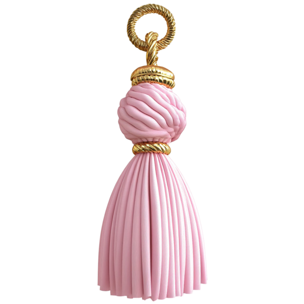 A pink tassel hanging from a gold chain png
