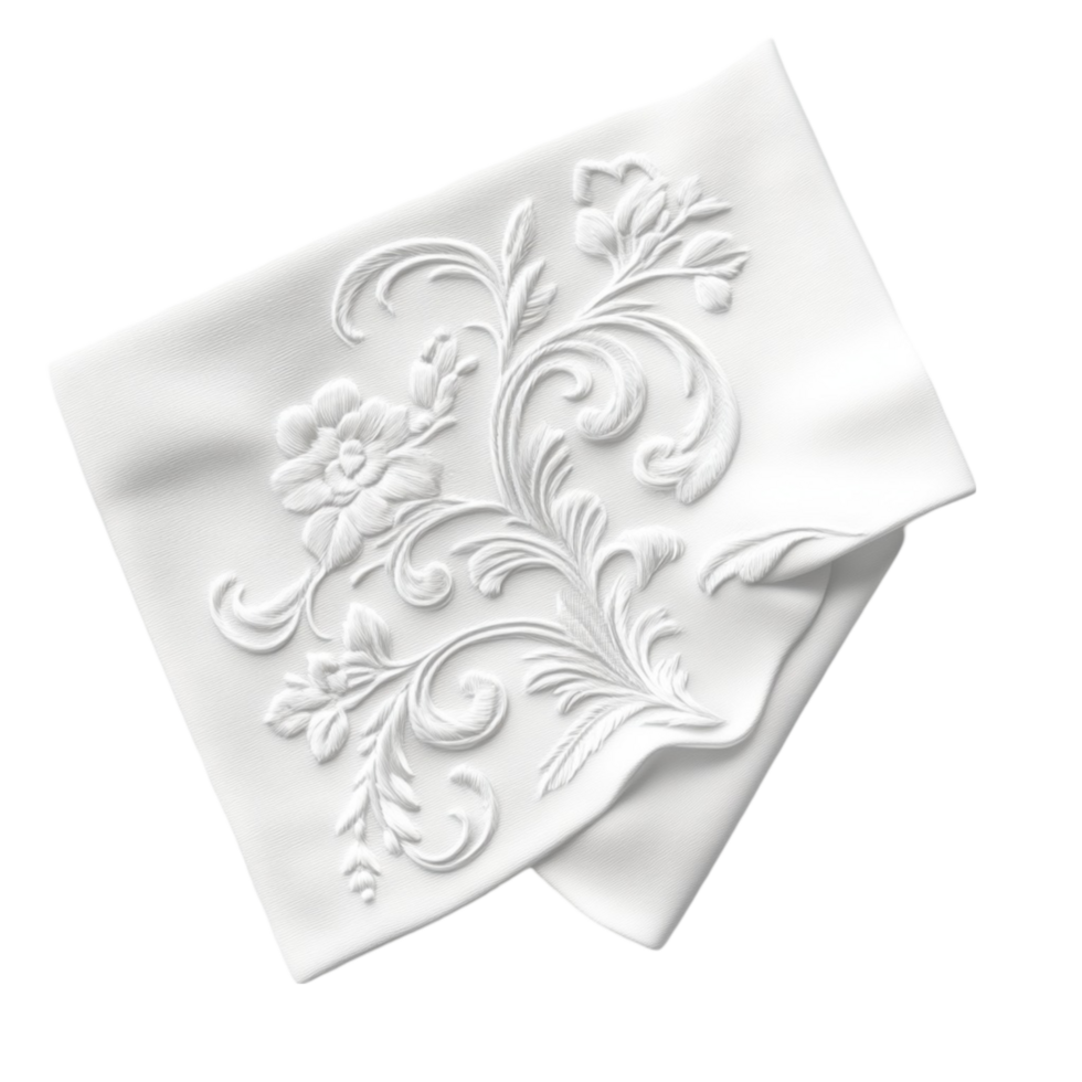 A white napkin with floral designs on it png
