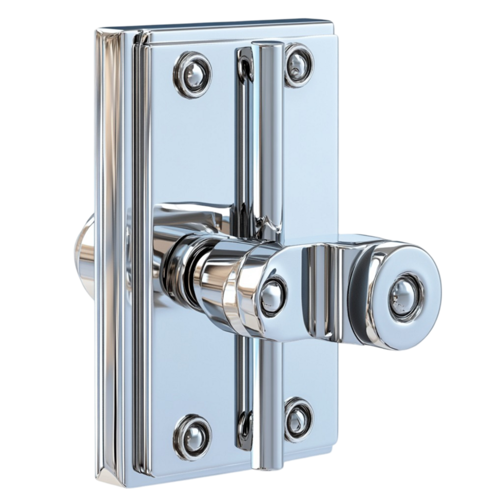 A chrome plated door handle with a latch png