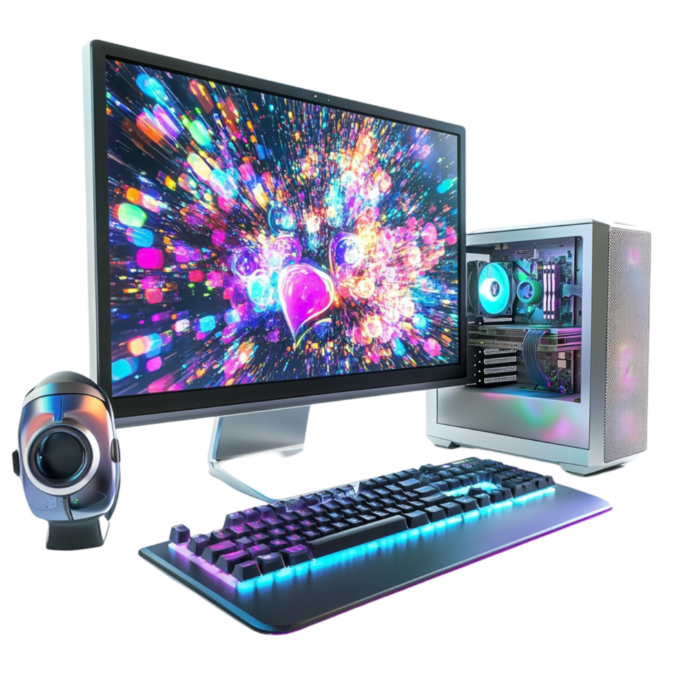 A computer with a keyboard, mouse and monitor png