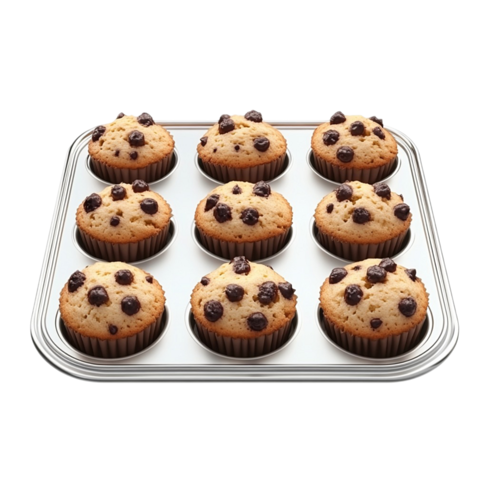 A muffin pan filled with chocolate chip muffins on transparent background png