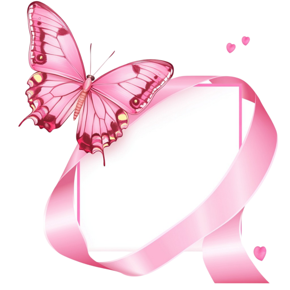 Elegant Floral Pink Ribbon with Butterfly on Transparent Background png