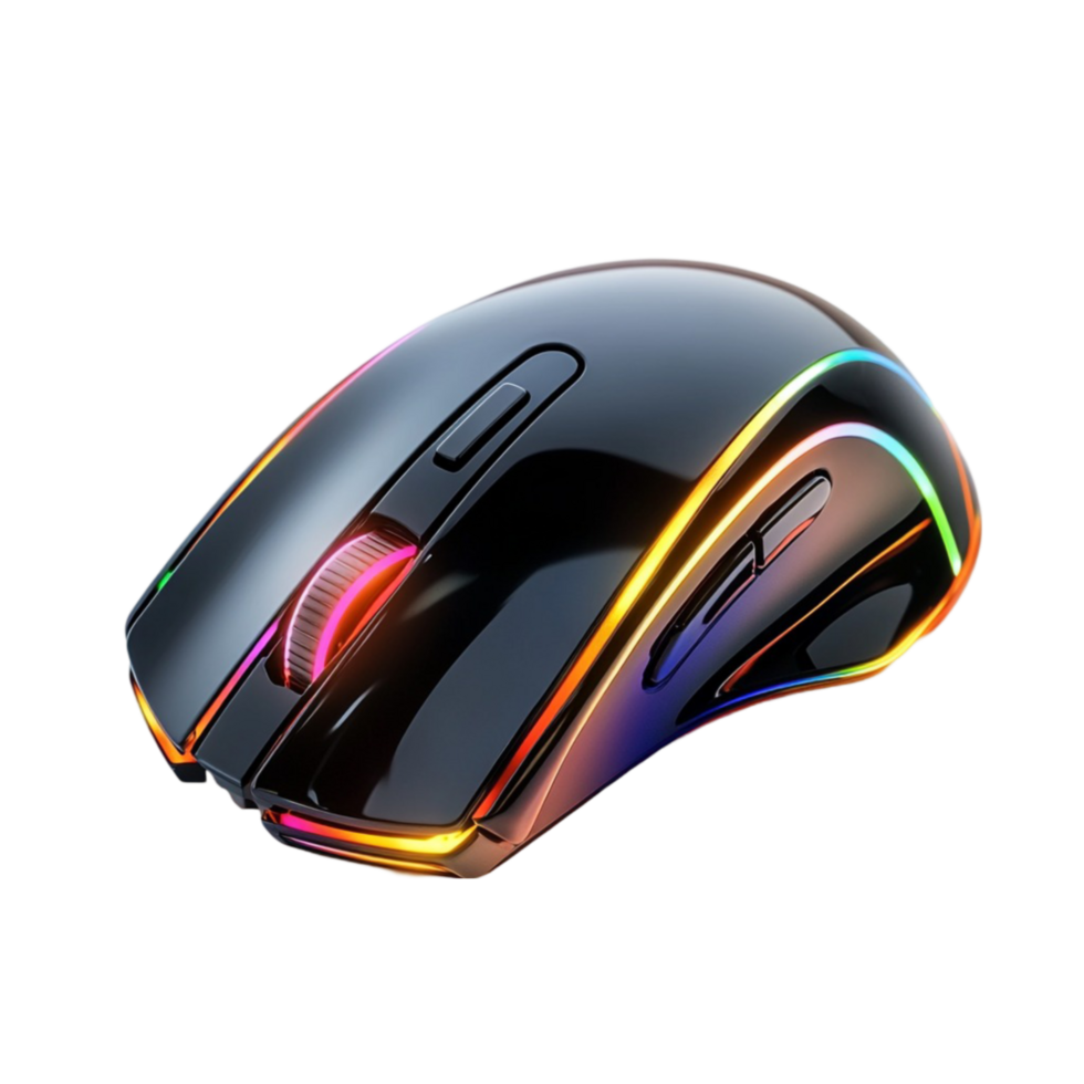 A Modern Computer Mouse with Colorful Lights On Transparent Background png