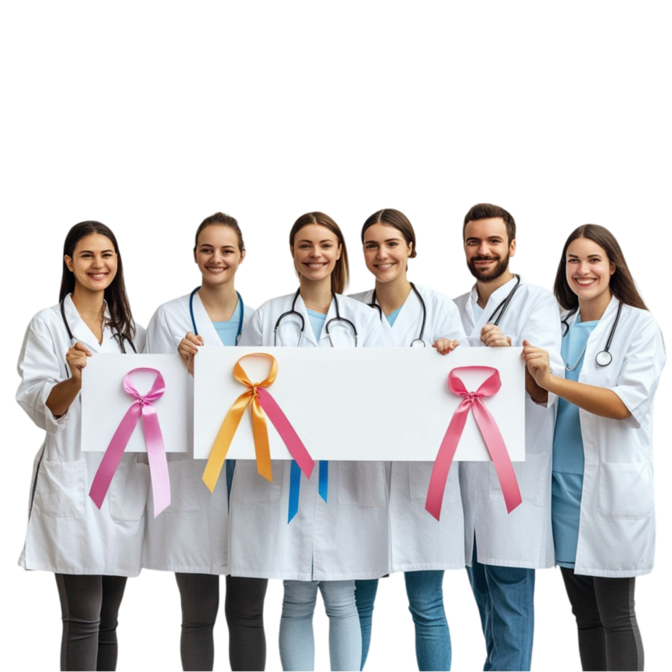 Medical Team Holding a Pink Ribbon Sign On Transparent Background png