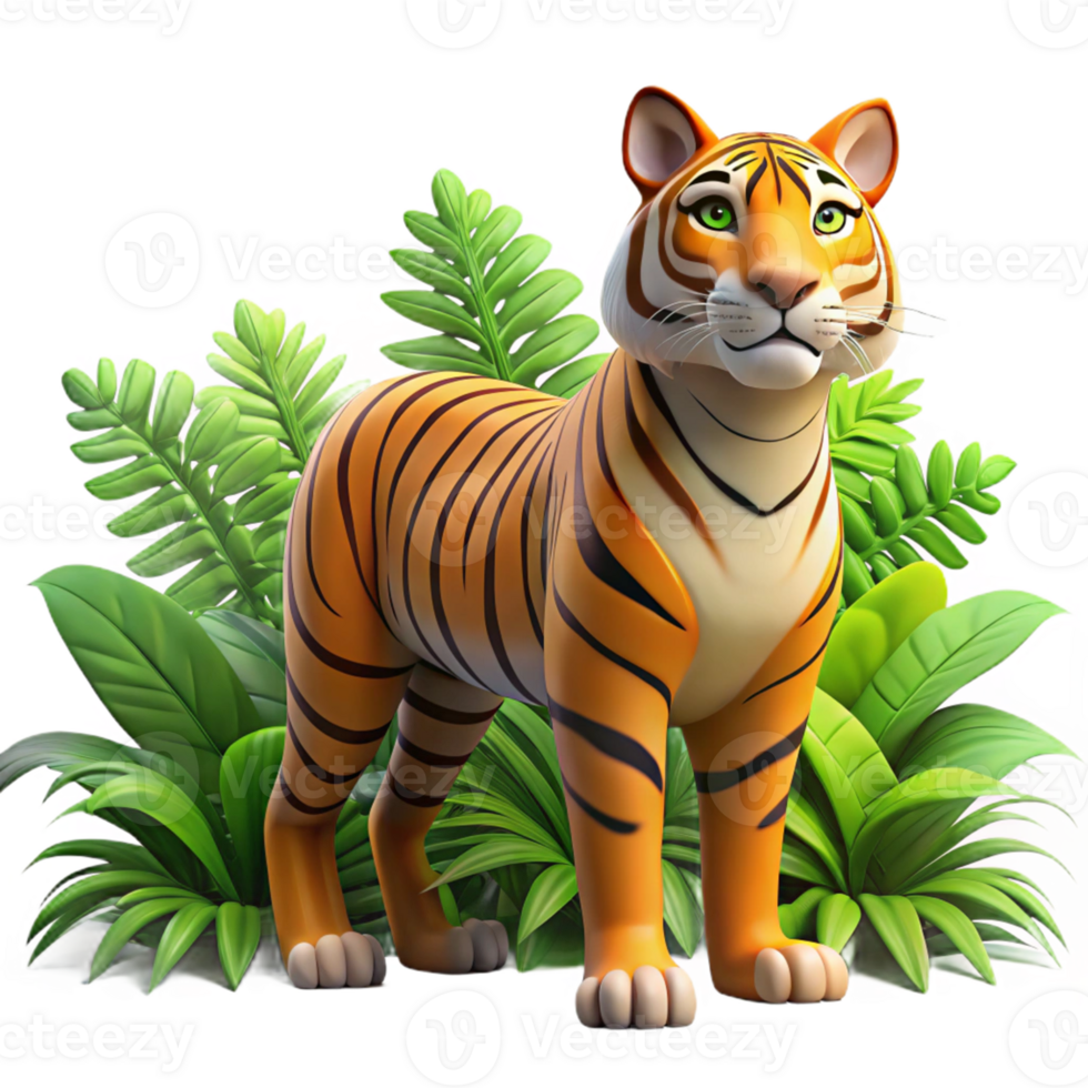 3D Cartoon Tiger in Lush Jungle png