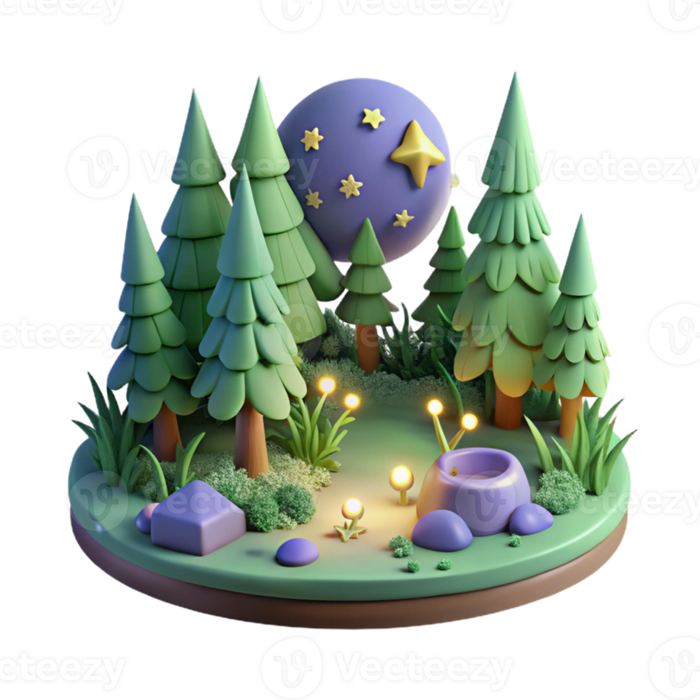 3D Nighttime Forest Illustration with Moon and Stars png