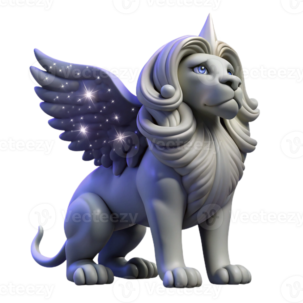 3D Render of a White Lion with Wings and Stars png