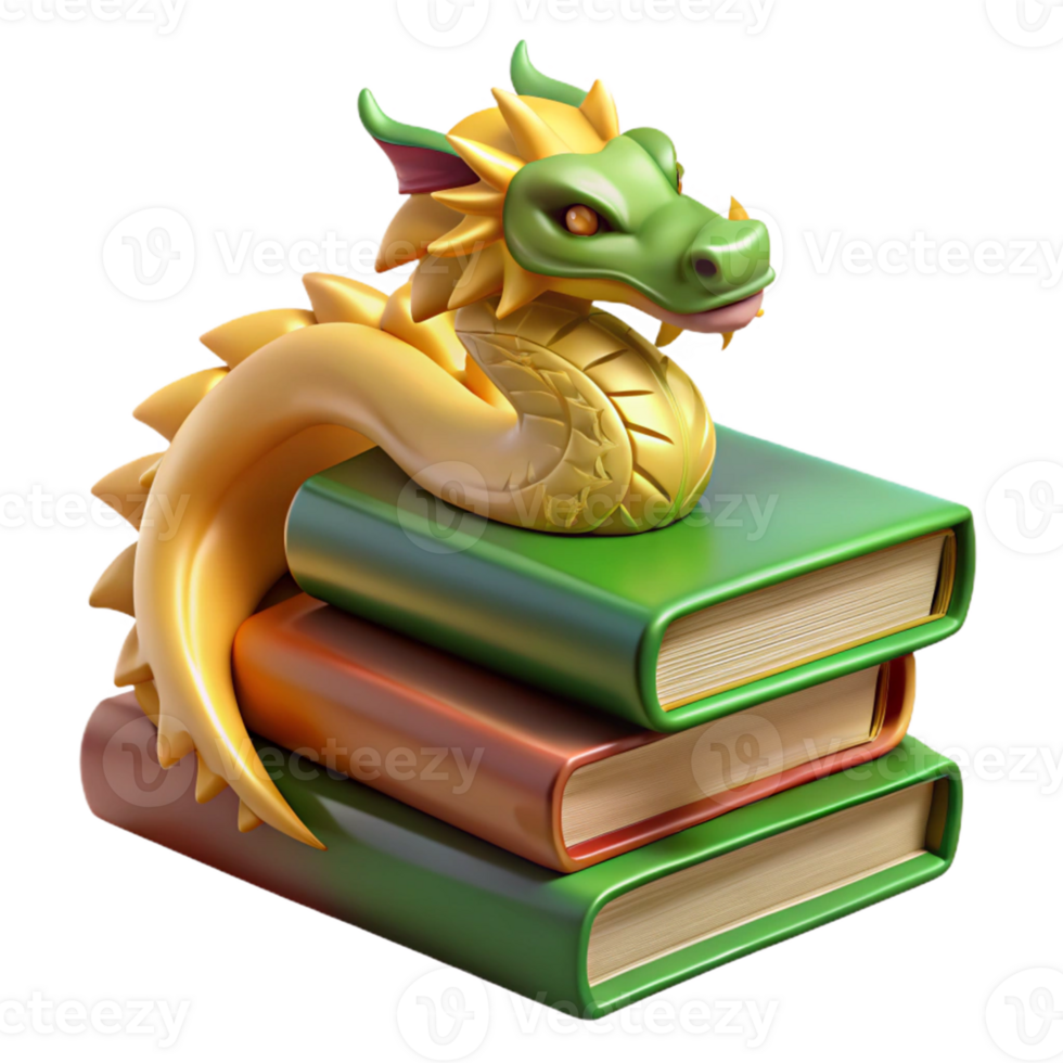 Dragon and Stack of Books 3D Render png