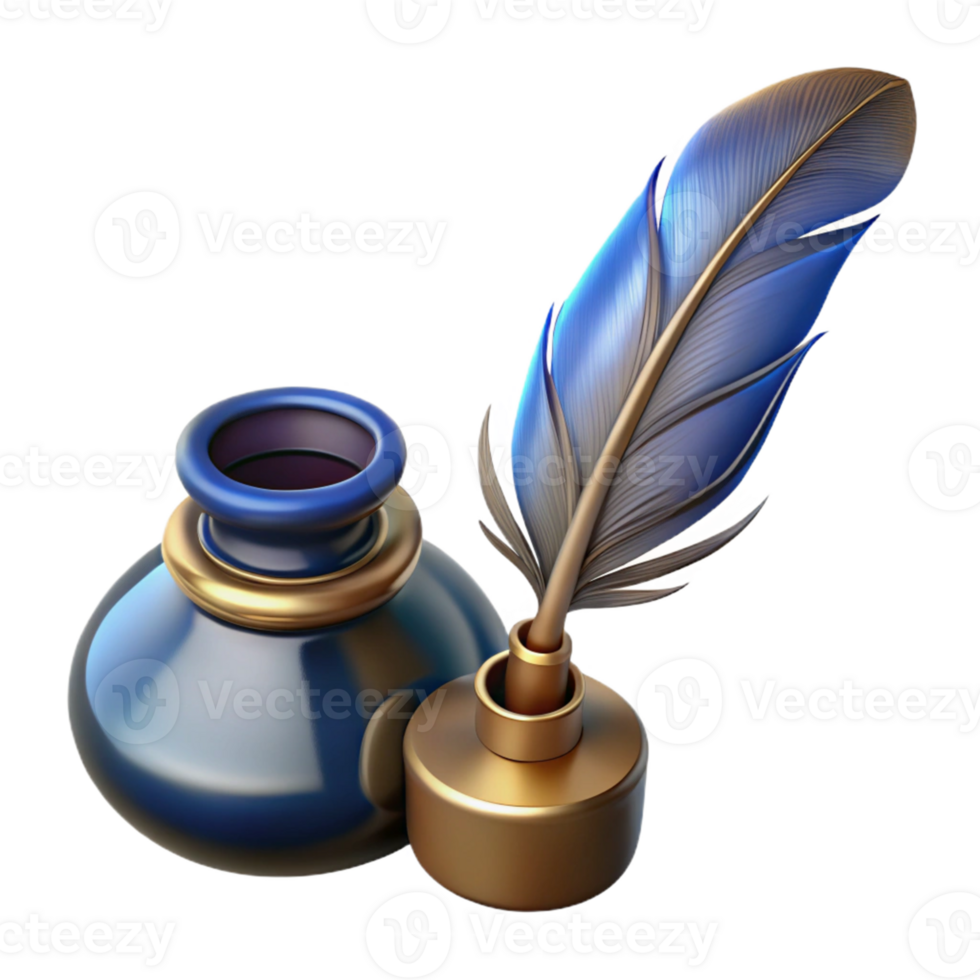 Blue Quill and Inkwell 3D Render png