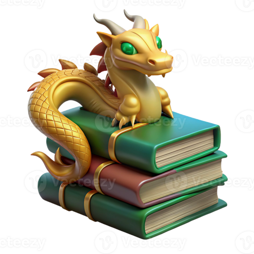 3D Illustration of a Golden Dragon Sitting on a Stack of Books png