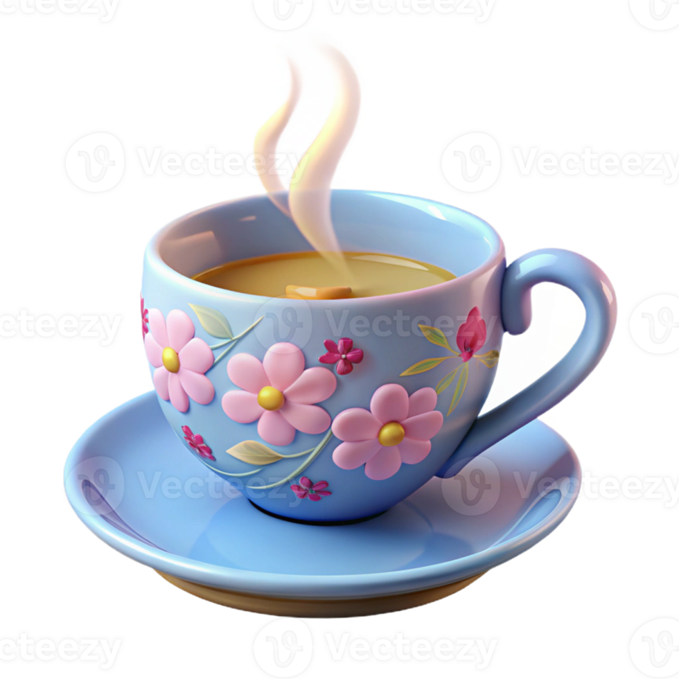 3D Illustration of a Blue Cup with Flowers and Steam png