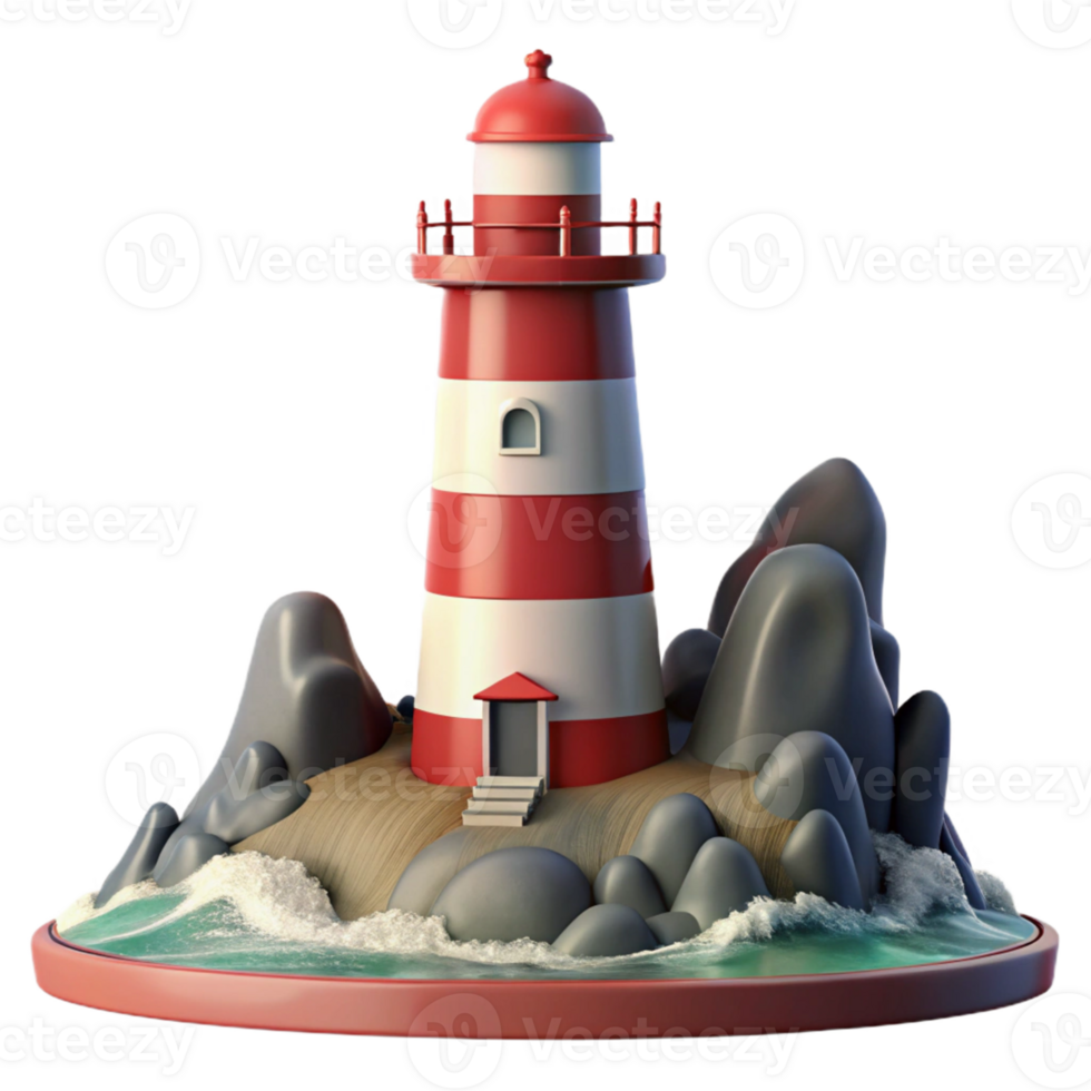 Red and White Lighthouse on Rocky Shore png