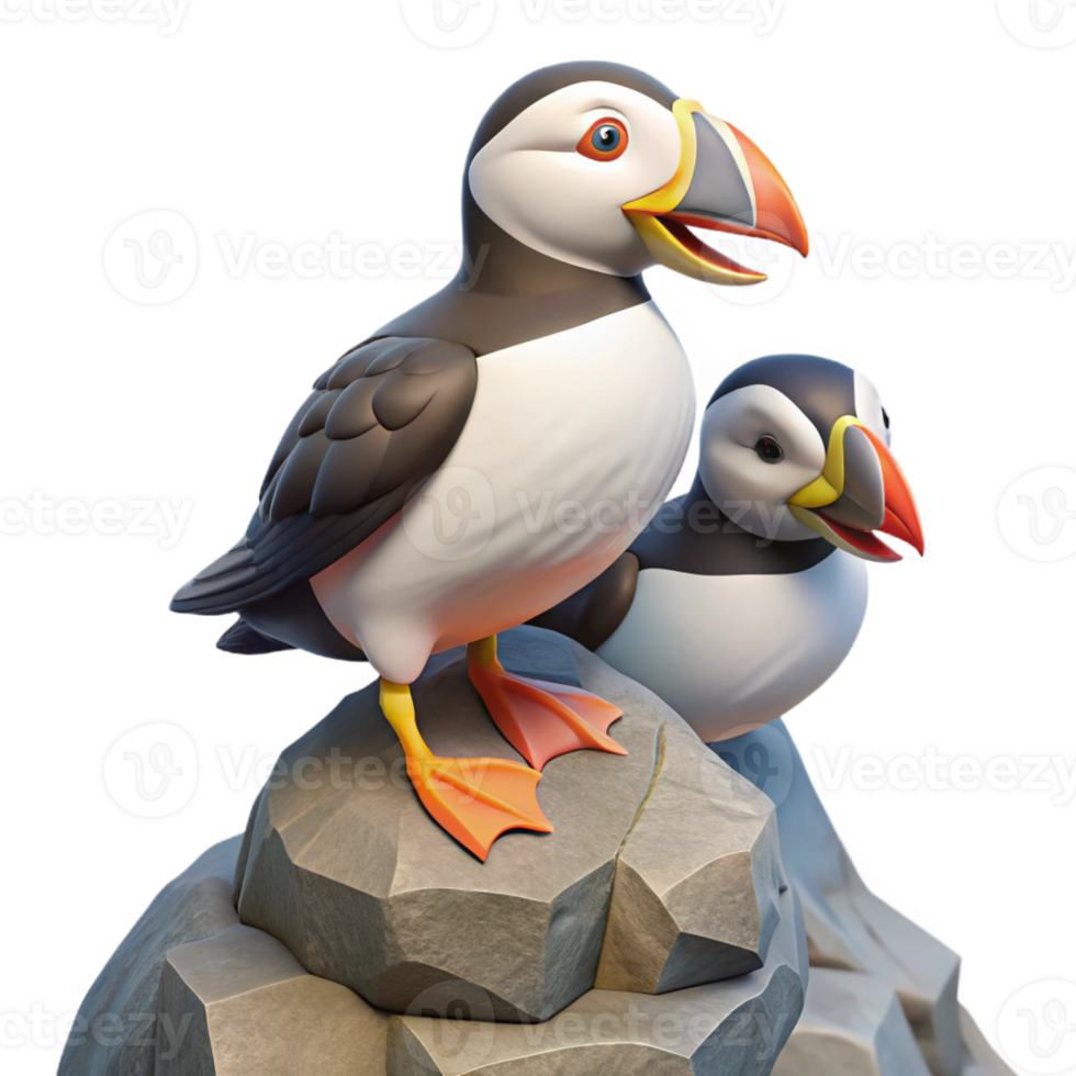 Two Puffins on Rocks 3D Illustration png
