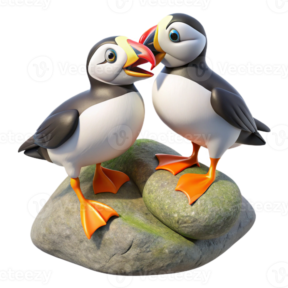 Cute Cartoon Puffin Birds on Rocks png