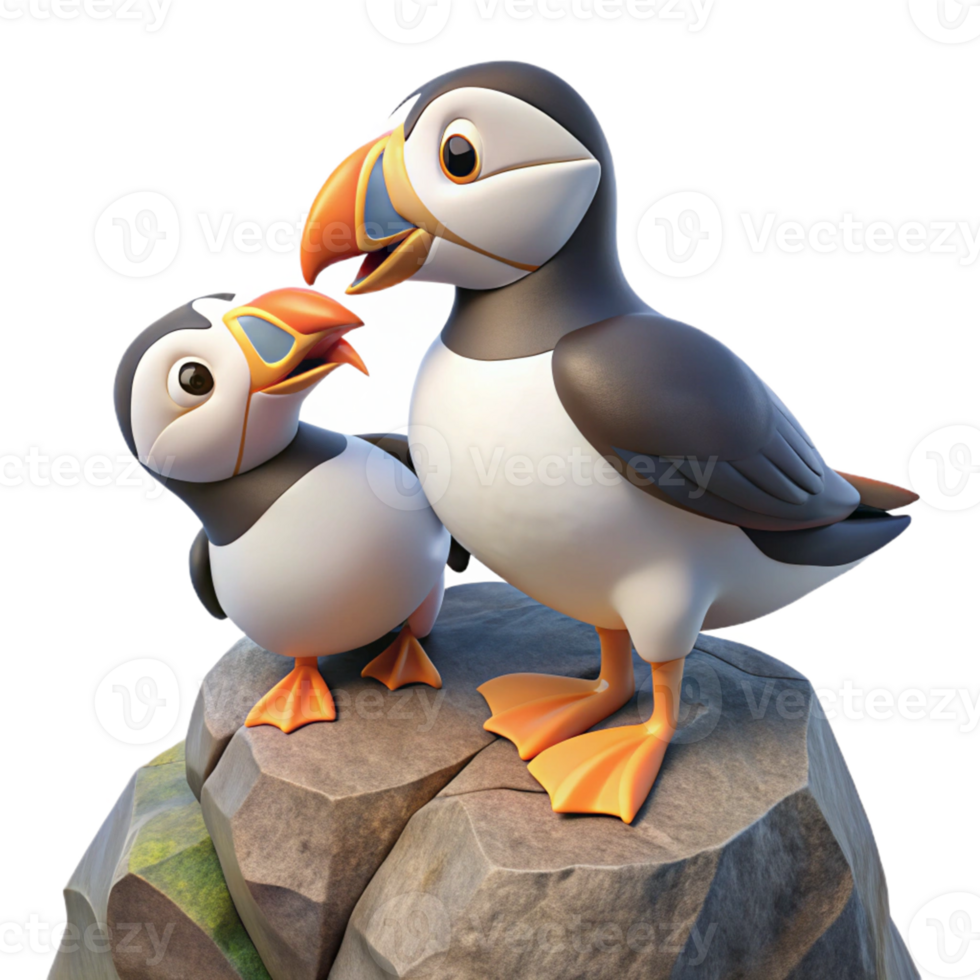 Cute Cartoon Puffin Pair on Rock png