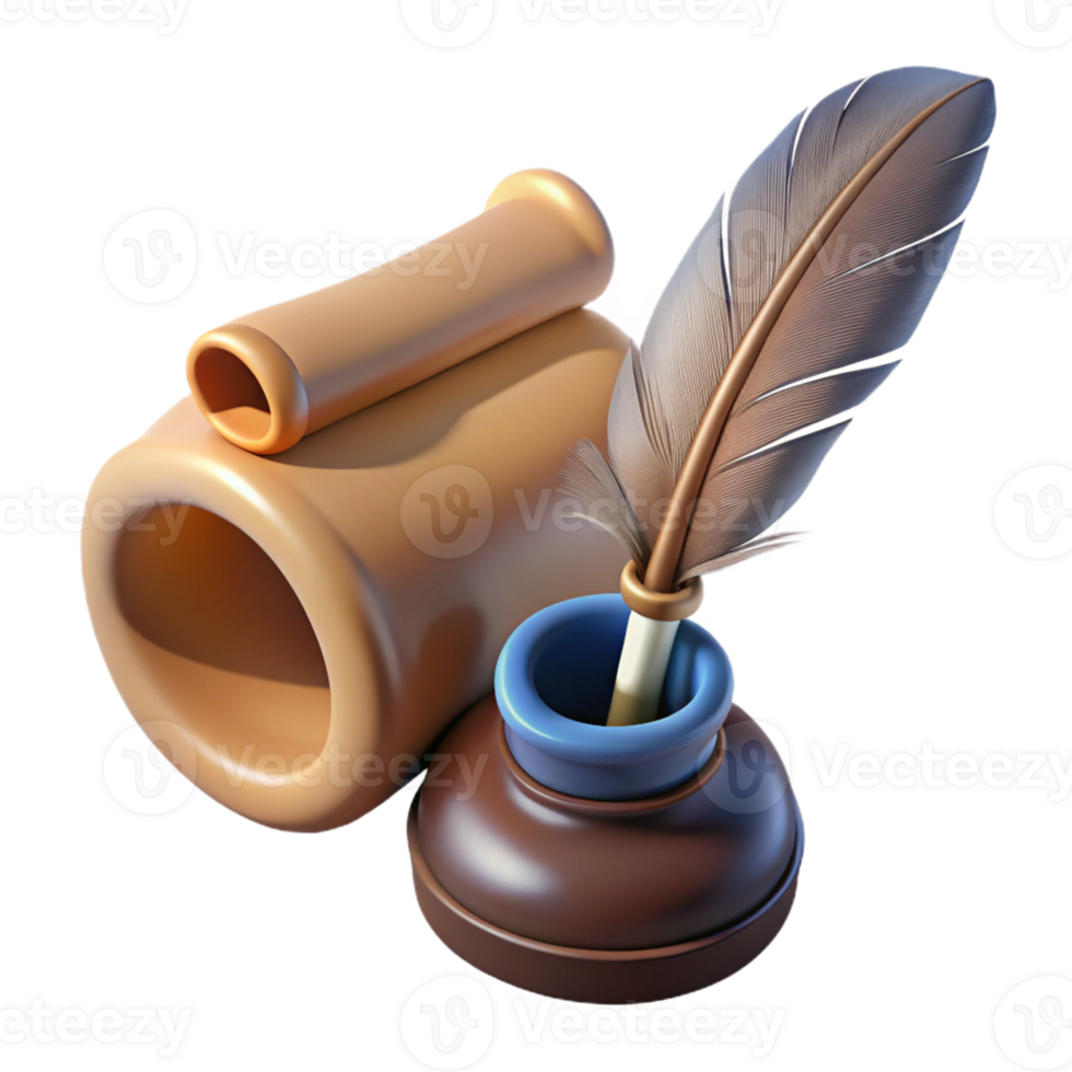 3D Quill, Inkwell, Scroll Illustration png