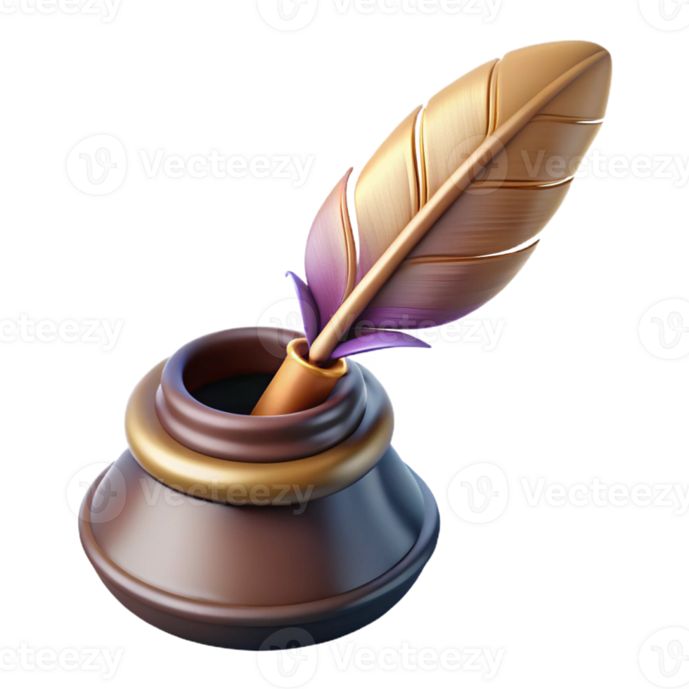 Golden Quill in Inkwell 3D Render png