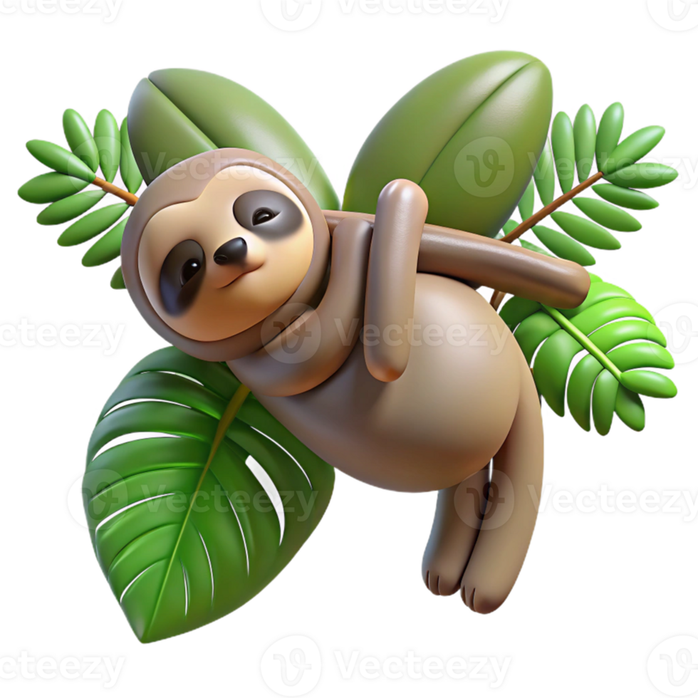 Cute 3D Sloth Hanging on Leaves png