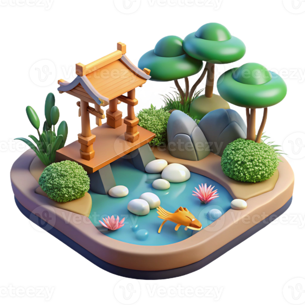 3D Miniature Zen Garden with Pond and Fish png