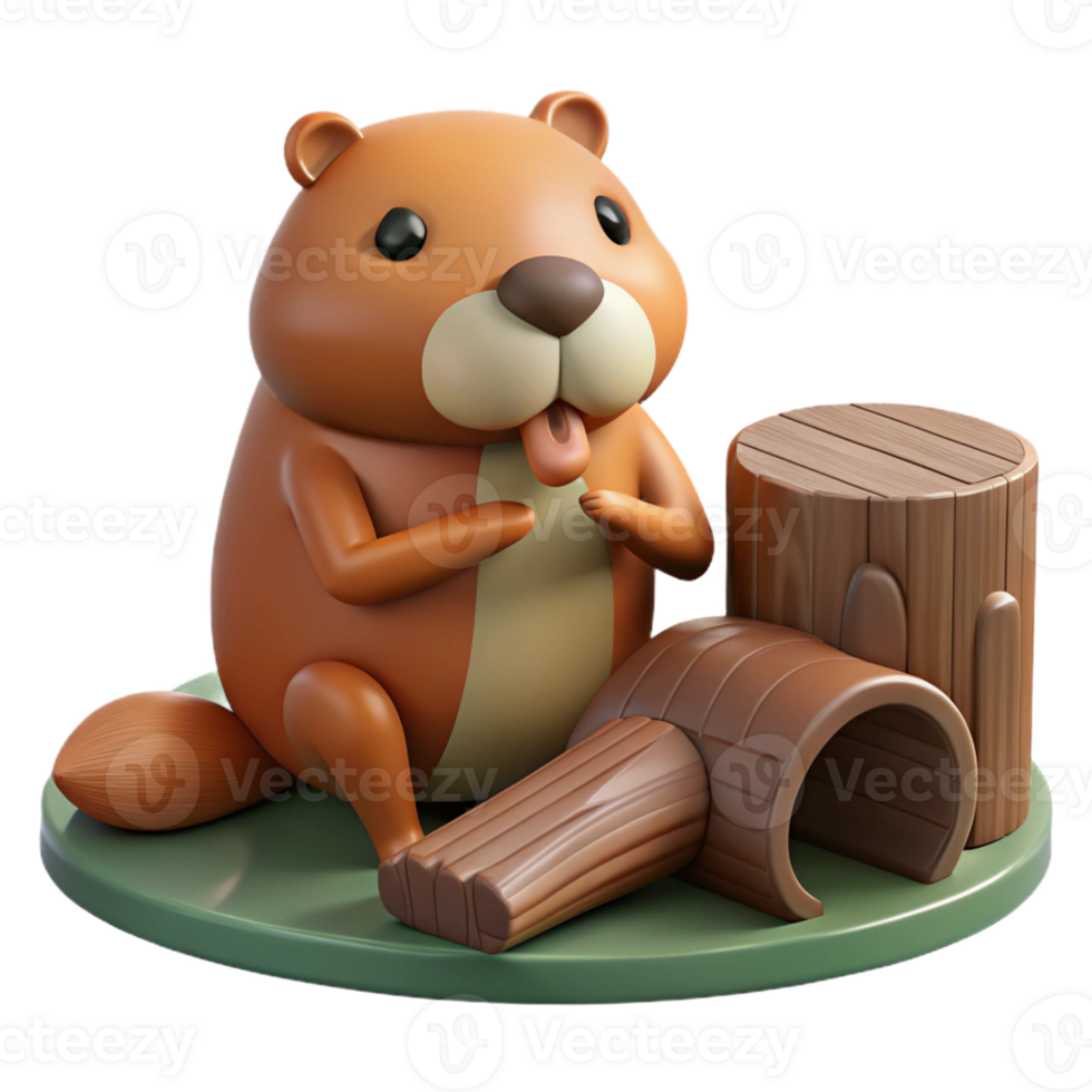 3D Cute Animal Sitting by Log Tunnel png