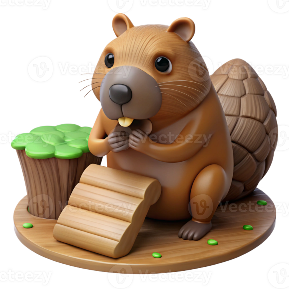 Cute 3D Beaver Model with Wooden Platform png