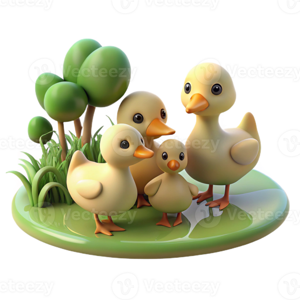 Cute Ducklings Family in Green Grass png